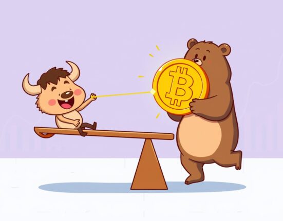 A cartoon bull slightly outweighing a bear on a Bitcoin seesaw, illustrating the long bias in BTC perpetual futures.