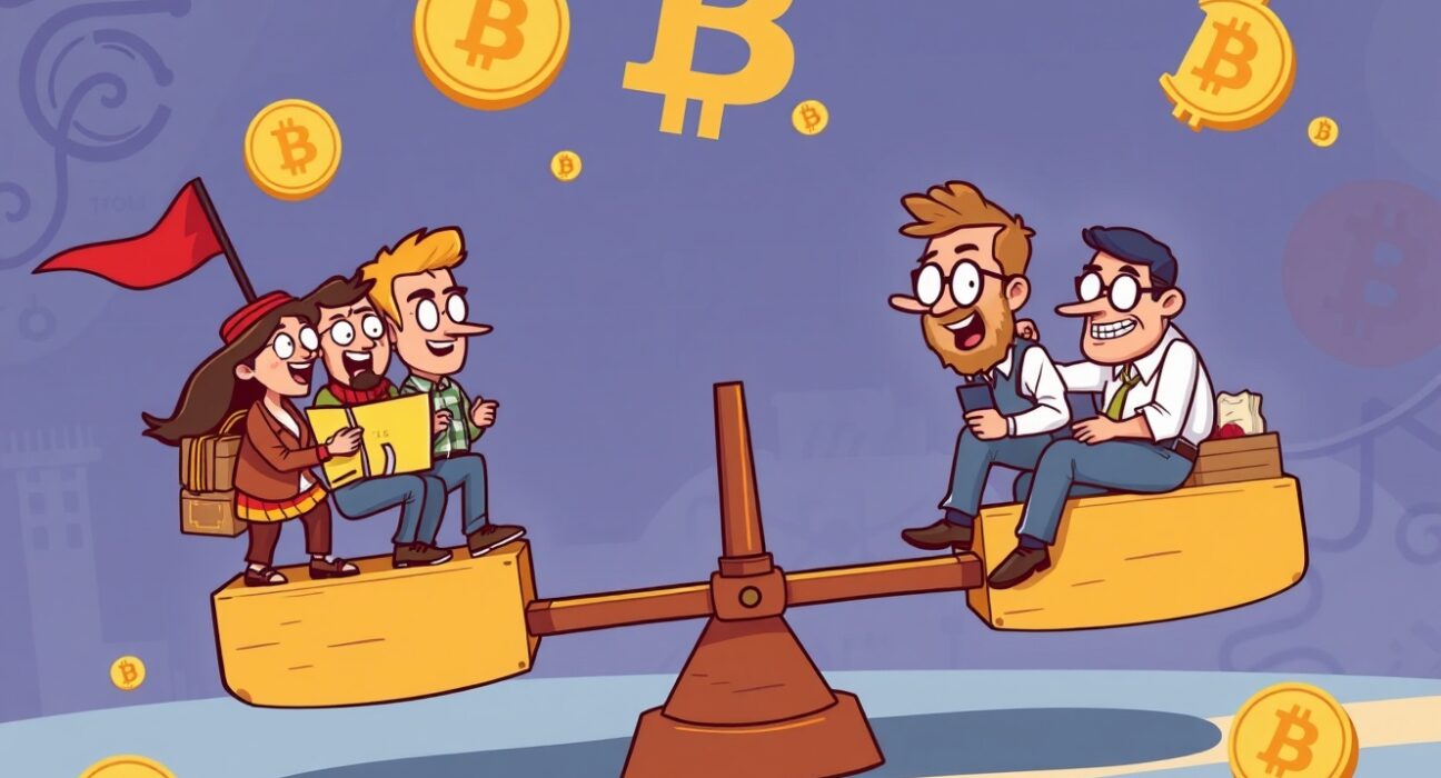 Cartoon illustration showing market sentiment for BTC perpetual futures with a slight bullish tilt on a seesaw.