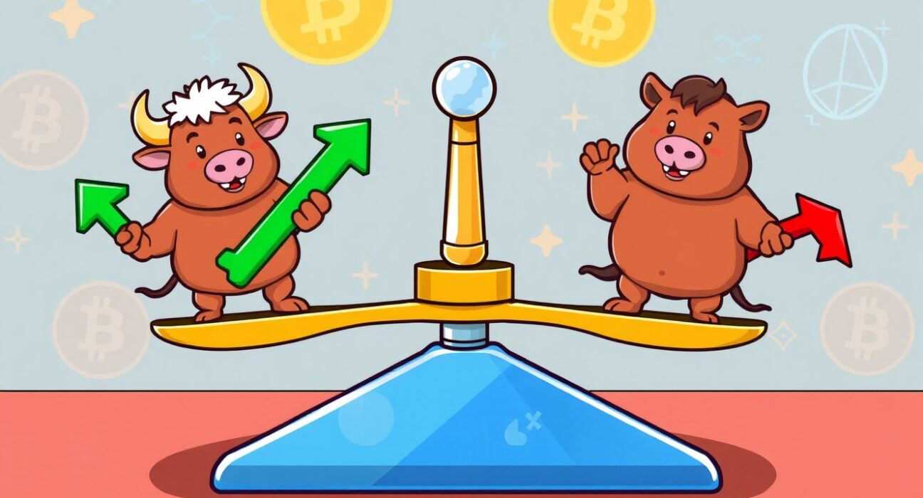 A cartoon illustration balancing bulls and bears on a scale, representing the crucial BTC perpetual futures long/short ratio and market sentiment.