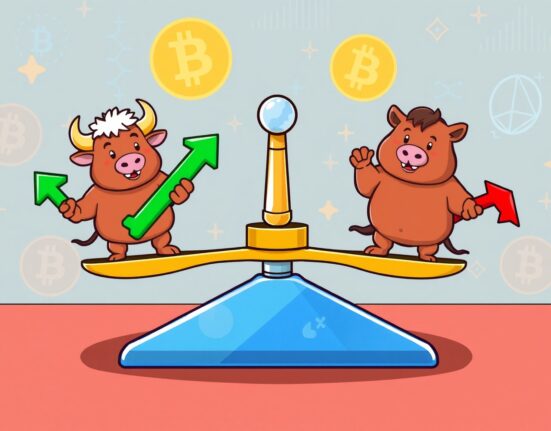 A cartoon illustration balancing bulls and bears on a scale, representing the crucial BTC perpetual futures long/short ratio and market sentiment.