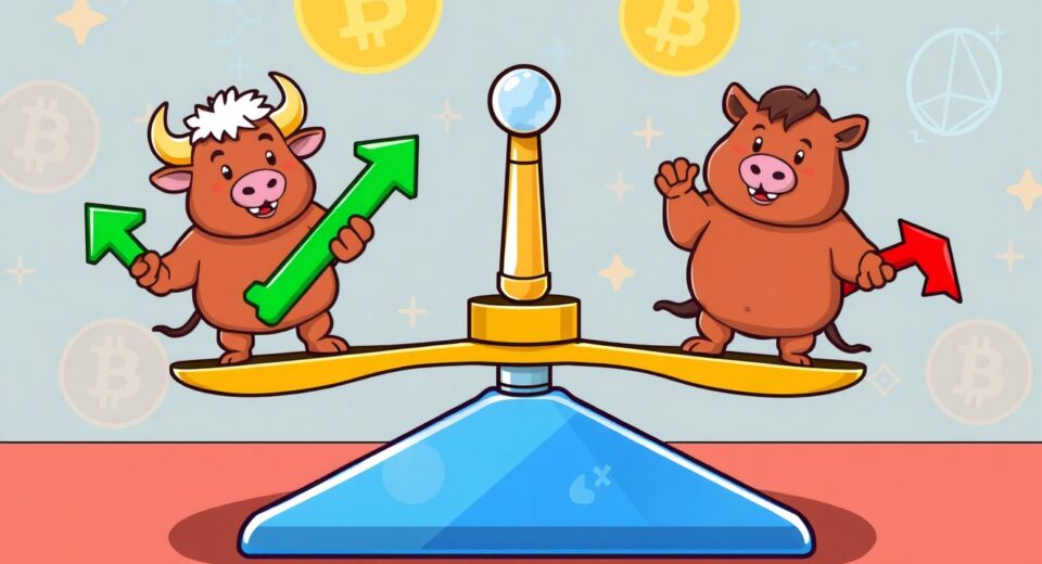 A cartoon illustration balancing bulls and bears on a scale, representing the crucial BTC perpetual futures long/short ratio and market sentiment.