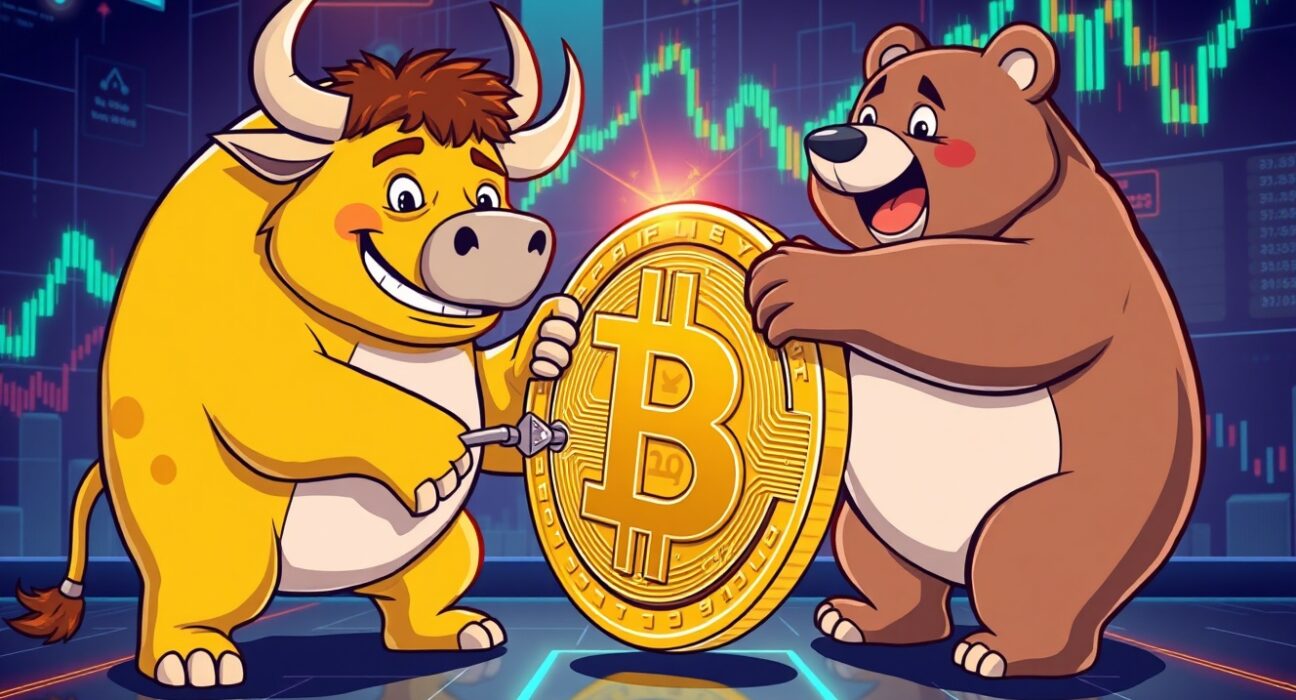 A cartoon bull and bear in a tug-of-war over a Bitcoin coin, illustrating BTC perpetual futures market sentiment.