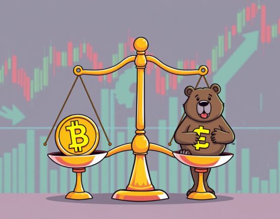 A vibrant cartoon illustrating the balance of BTC perpetual futures long and short positions on major exchanges.