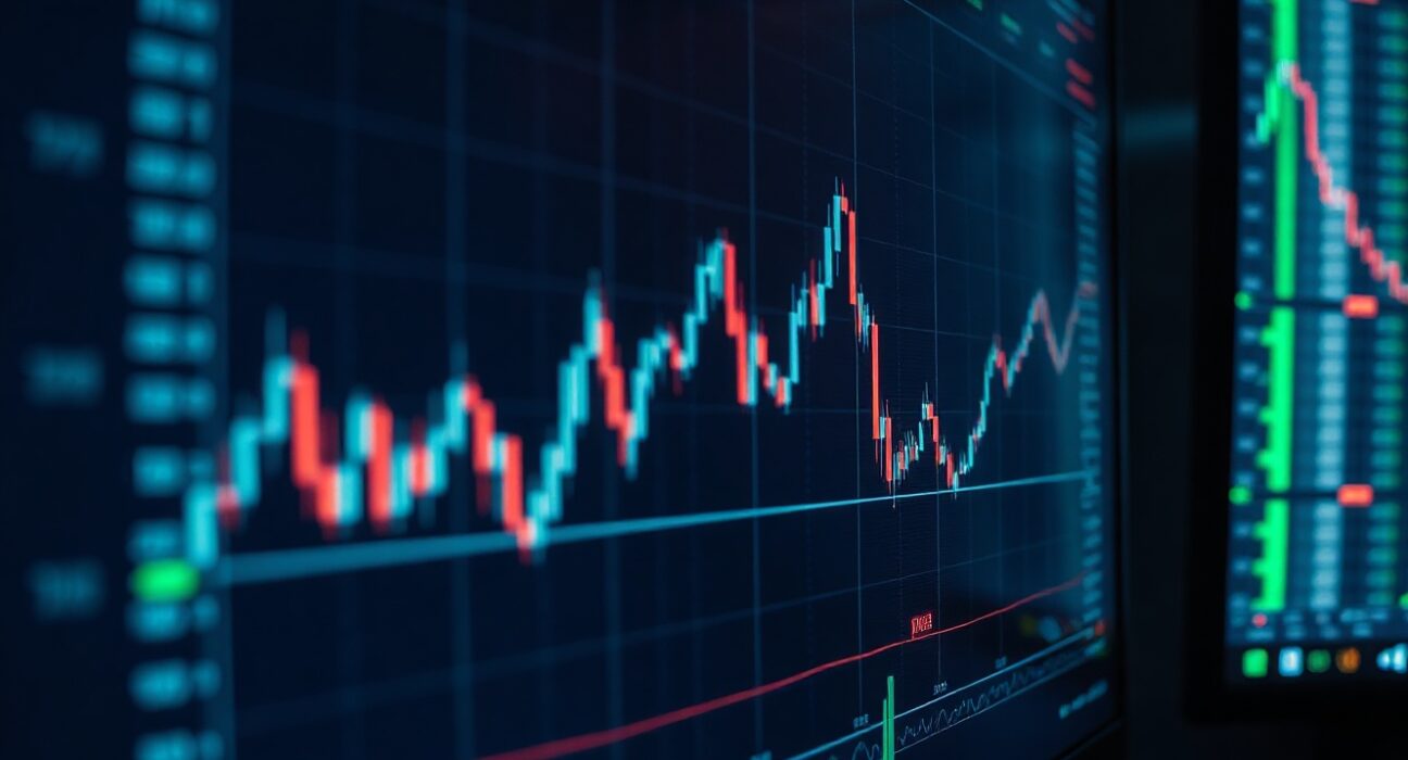 Bitcoin perpetual futures trading chart on a screen in a professional trading environment
