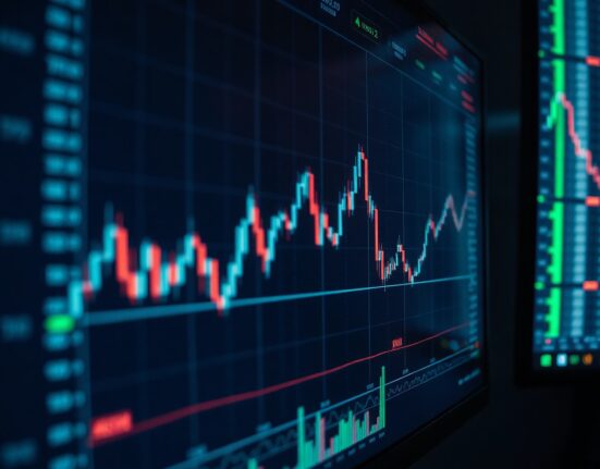 Bitcoin perpetual futures trading chart on a screen in a professional trading environment