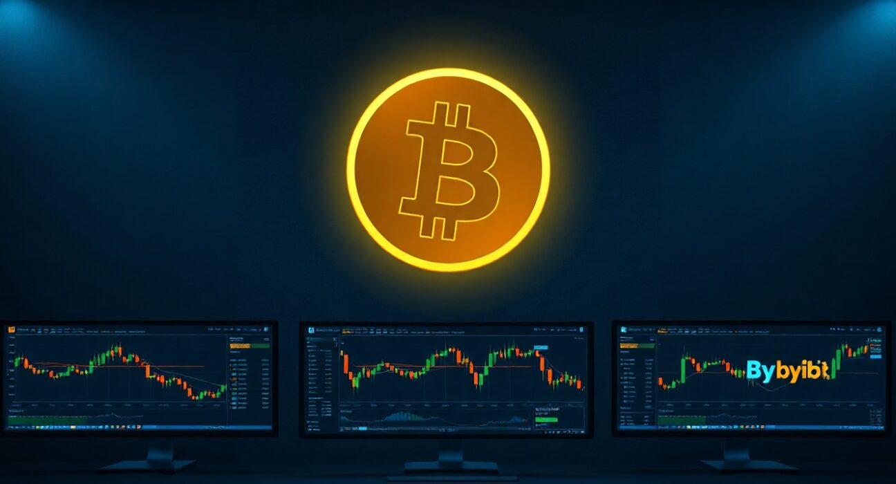 Bitcoin symbol above trading desk with monitors showing Binance, OKX, and Bybit charts