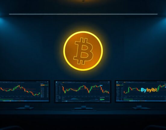 Bitcoin symbol above trading desk with monitors showing Binance, OKX, and Bybit charts