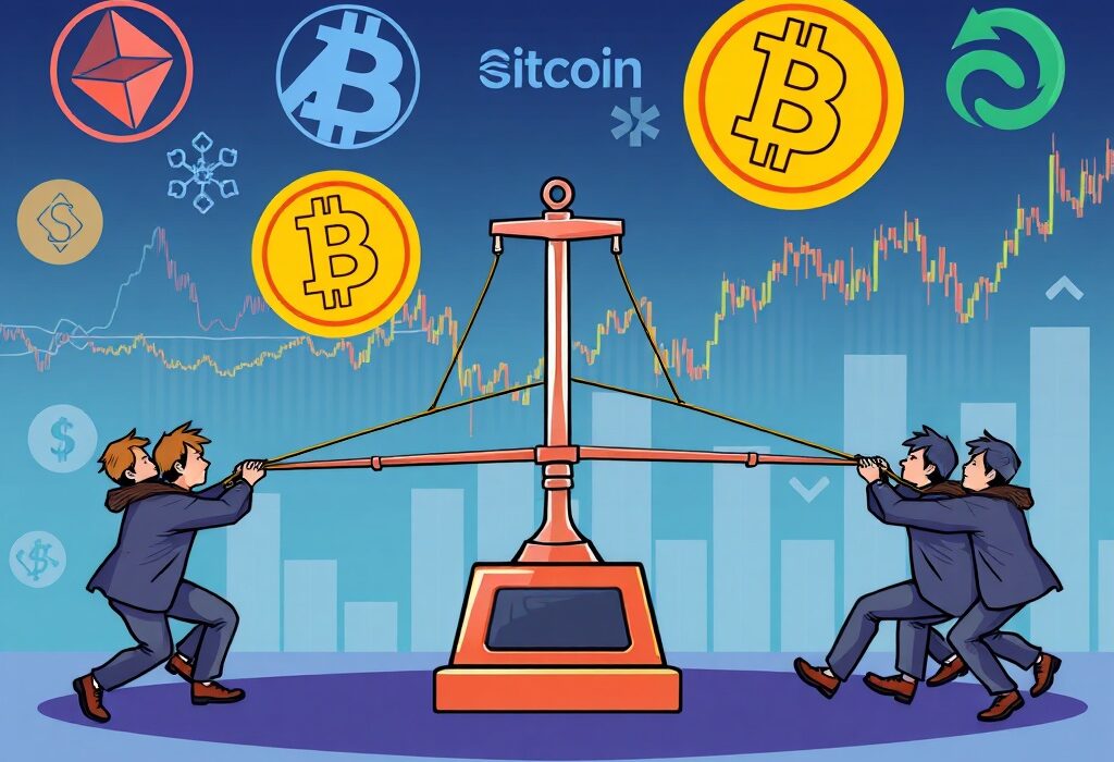 Cartoon illustration showing a balanced tug-of-war, symbolizing the BTC perpetual futures long/short ratio and market sentiment.