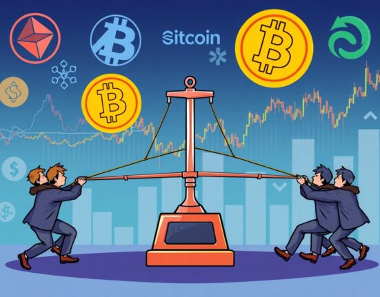 Cartoon illustration showing a balanced tug-of-war, symbolizing the BTC perpetual futures long/short ratio and market sentiment.