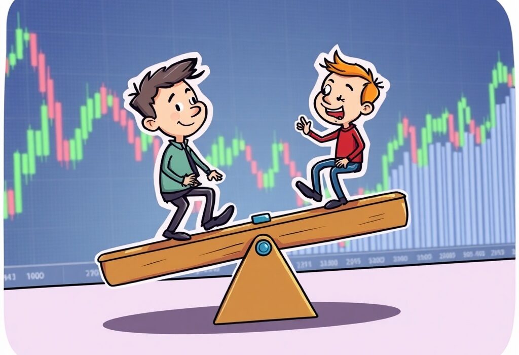 A cartoon illustration showing the delicate balance of the BTC perpetual futures long/short ratio, representing market sentiment.