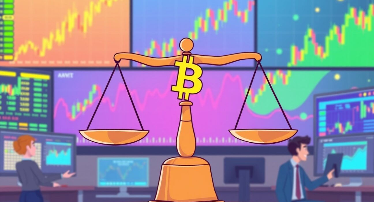 A cartoon illustration showing the dynamic struggle between long and short positions, symbolizing the BTC perpetual futures long/short ratio.