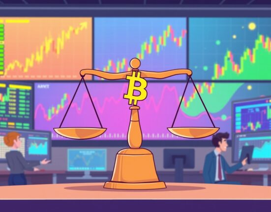 Cartoon showing the dynamic balance of BTC perpetual futures long and short positions, reflecting overall market sentiment.