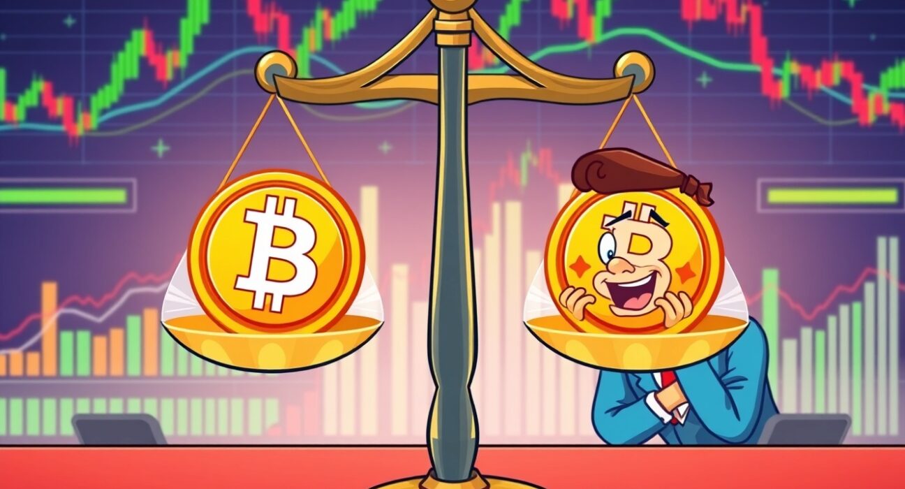 BTC perpetual futures long/short ratio visualized through balanced scales in cryptocurrency trading scene