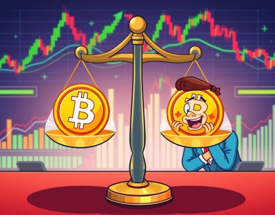 BTC perpetual futures long/short ratio visualized through balanced scales in cryptocurrency trading scene