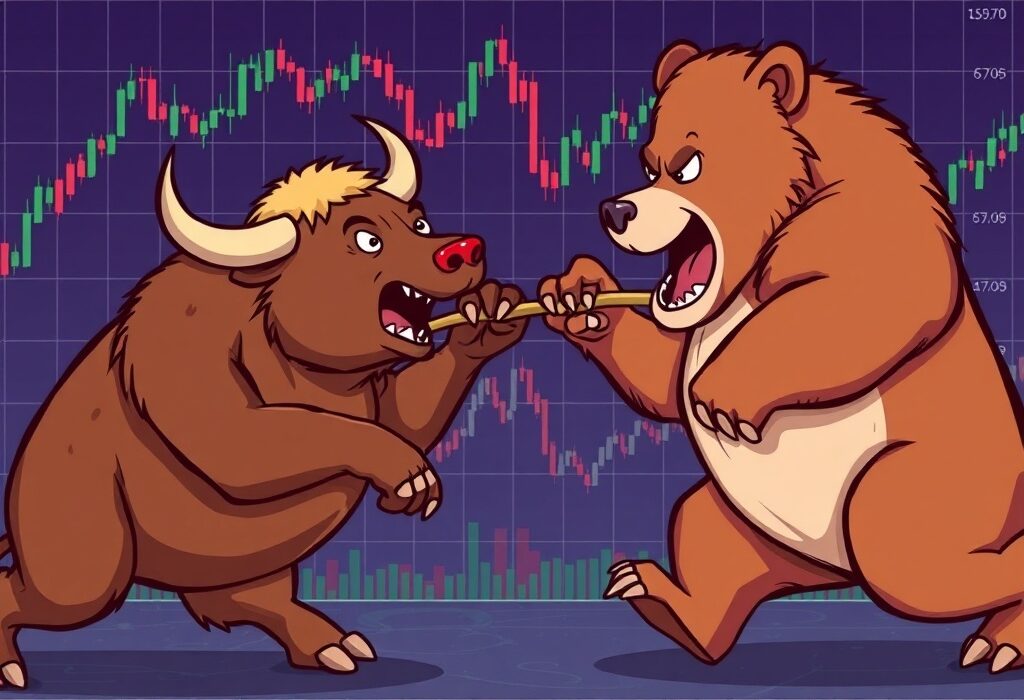 A cartoon illustration showing bulls and bears tugging on a rope over a chart, symbolizing the BTC perpetual futures long/short ratio and market sentiment.