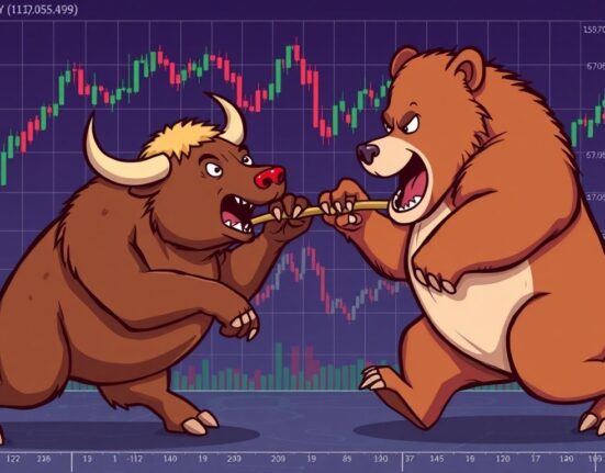 A cartoon illustration showing bulls and bears tugging on a rope over a chart, symbolizing the BTC perpetual futures long/short ratio and market sentiment.