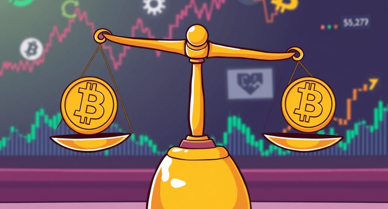 A cartoon illustration of a digital scale showing a slight imbalance, representing the delicate equilibrium of BTC perpetual futures long and short positions, reflecting market sentiment.