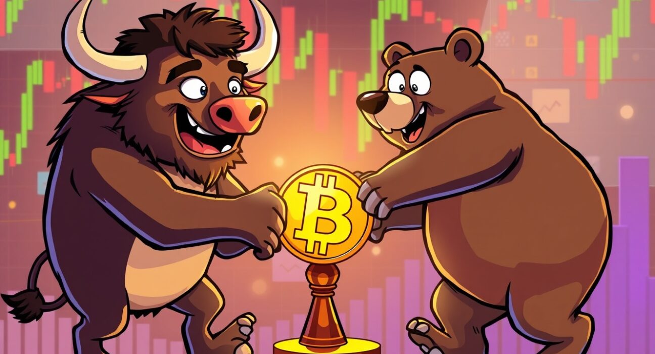 A cartoon bull and bear in a tug-of-war over Bitcoin, illustrating the balance of BTC perpetual futures sentiment.