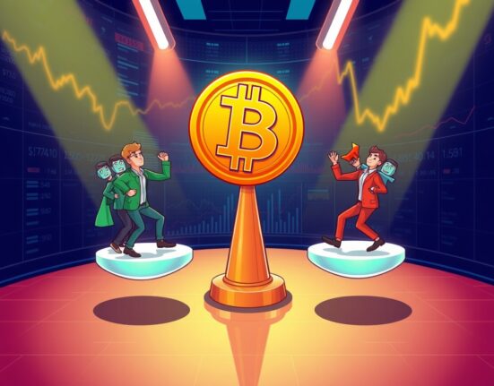 Cartoon illustration analyzing BTC perpetual futures market sentiment on a digital trading floor.
