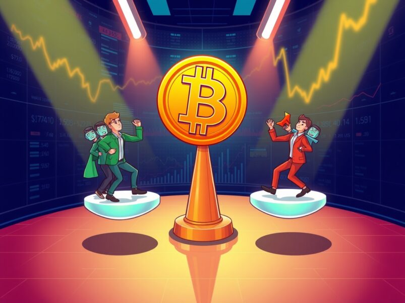 Cartoon illustration analyzing BTC perpetual futures market sentiment on a digital trading floor.