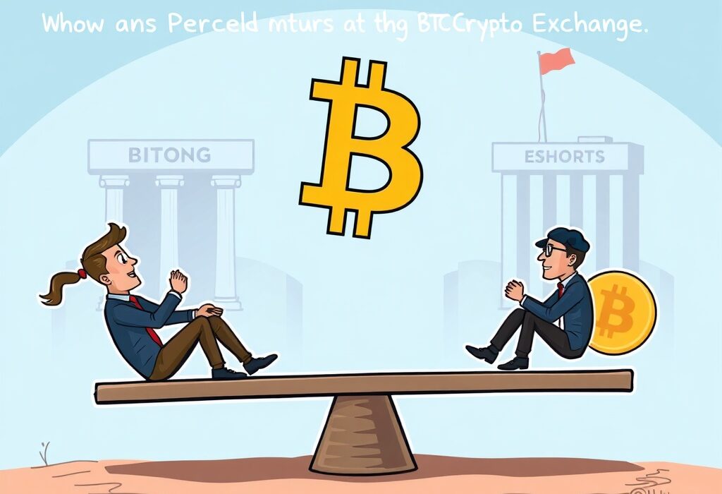 A cartoon illustration showing the balanced yet tense struggle between long and short positions, symbolizing the BTC perpetual futures market sentiment.