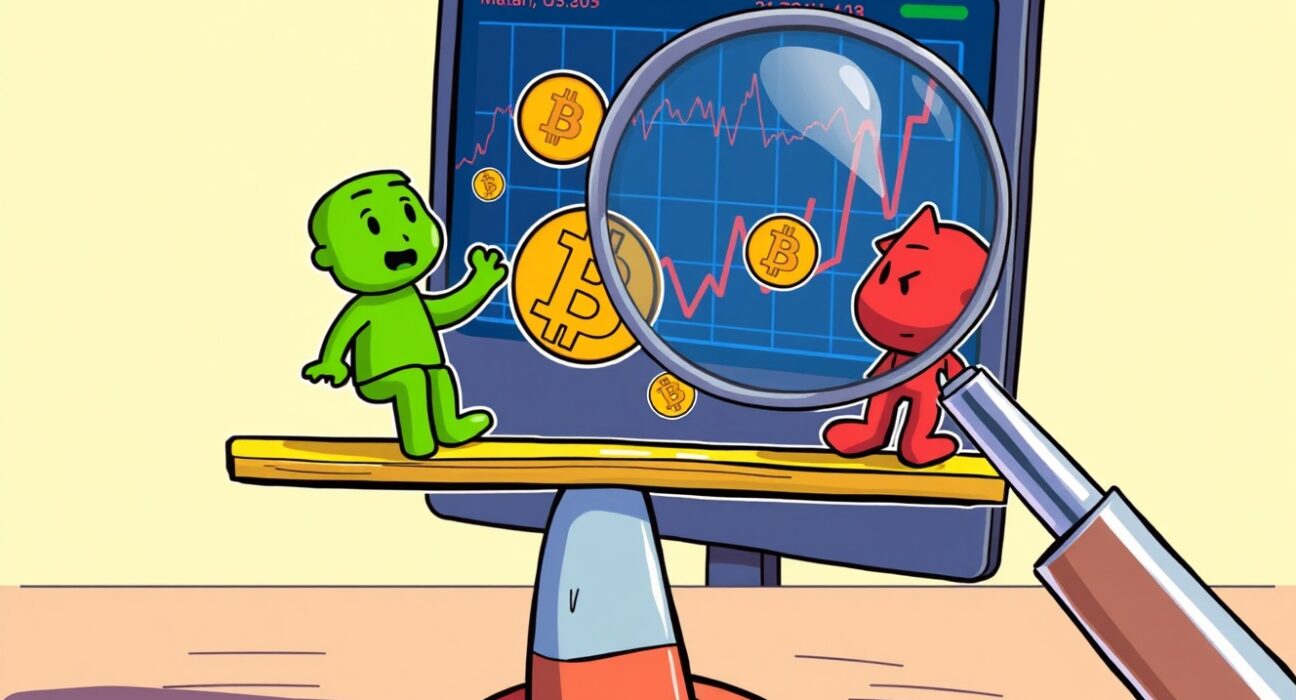 A cartoon illustration showing traders analyzing screens with BTC perpetual futures data, symbolizing market sentiment and trading activity.