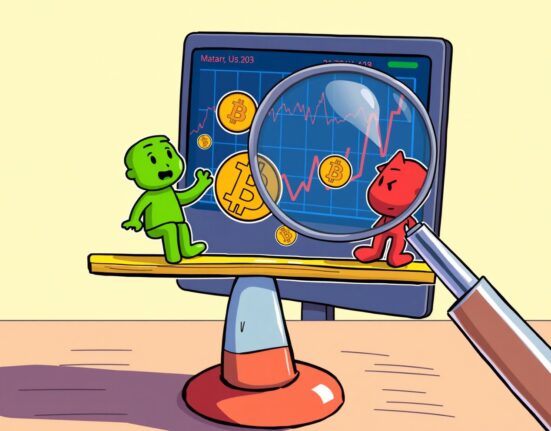A cartoon illustration showing the balanced yet tense struggle between long and short positions, symbolizing the BTC perpetual futures market sentiment.