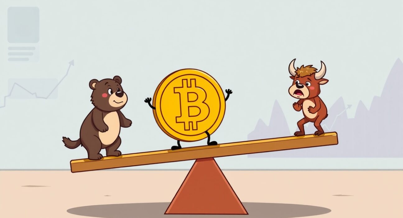 A cartoon illustration showing the precarious balance of BTC perpetual futures sentiment between bulls and bears.