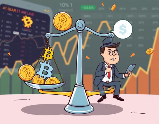 BTC perpetual futures market sentiment showing shorts slightly dominating major exchanges in vibrant cartoon style