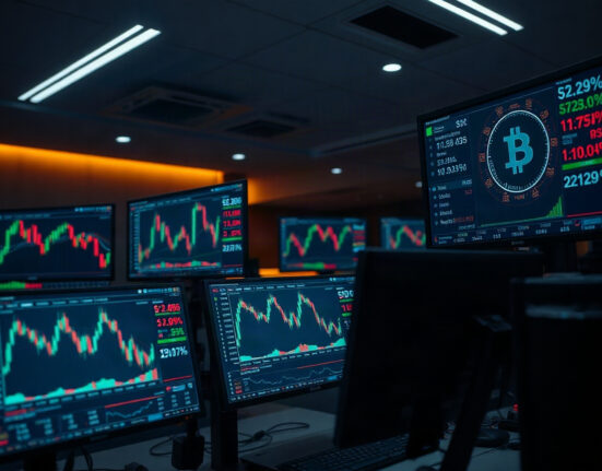 Bitcoin price charts and long/short ratio gauge on trading monitors at a professional trading desk