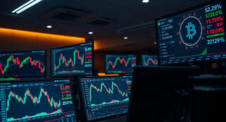 Bitcoin price charts and long/short ratio gauge on trading monitors at a professional trading desk