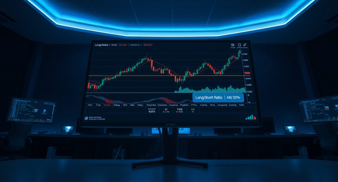 Bitcoin candlestick chart on a monitor with long/short ratio data overlay in a professional trading environment
