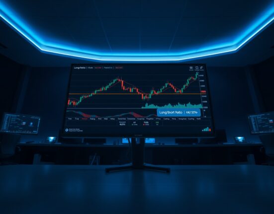 Bitcoin candlestick chart on a monitor with long/short ratio data overlay in a professional trading environment