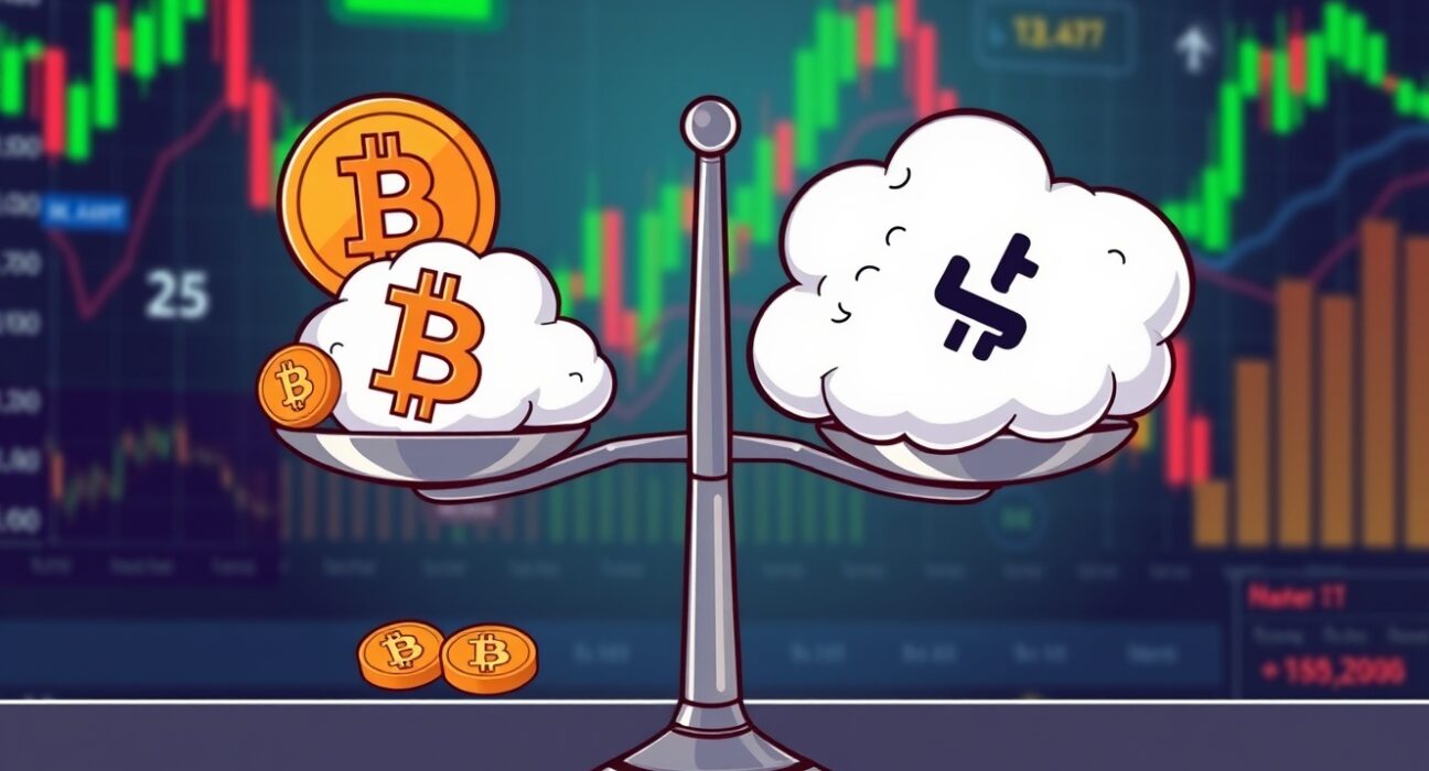 BTC perpetuals market sentiment illustrated with a balanced scale showing slight short bias in cryptocurrency trading