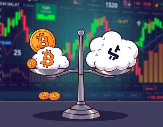 BTC perpetuals market sentiment illustrated with a balanced scale showing slight short bias in cryptocurrency trading