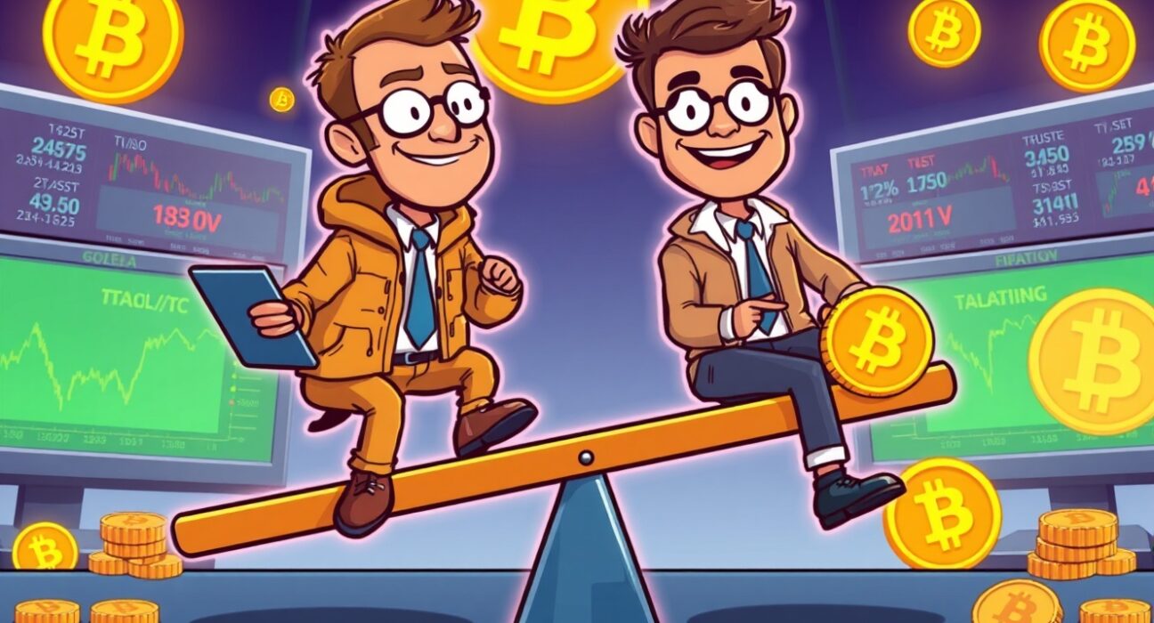 BTC perpetuals trading scene showing short positions dominating market sentiment with animated traders