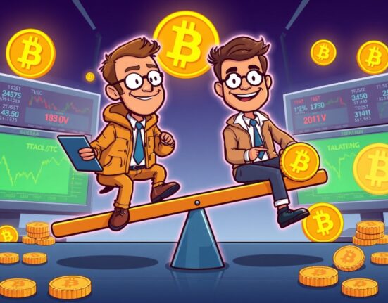 BTC perpetuals trading scene showing short positions dominating market sentiment with animated traders