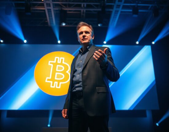 Martin Kuchař speaking at BTC Prague 2026 conference stage with Bitcoin logo on screen