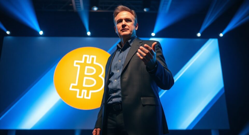 Martin Kuchař speaking at BTC Prague 2026 conference stage with Bitcoin logo on screen
