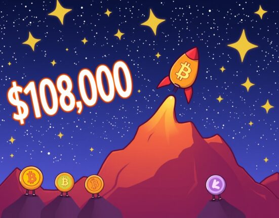 A cartoon illustration depicting the BTC price soaring past $108,000, symbolizing a significant market milestone.