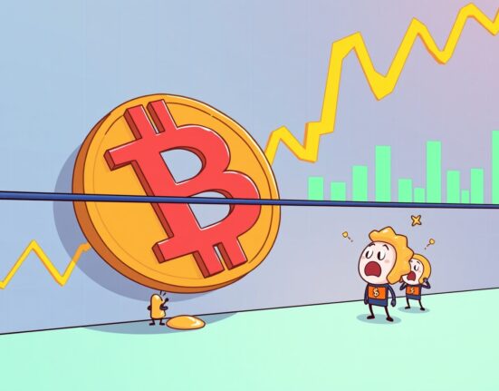 Cartoon showing a significant BTC price drop, with Bitcoin symbols falling on a chart, illustrating market volatility.