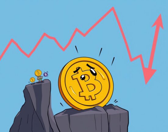 A cartoon illustration depicting a BTC price drop, with a Bitcoin coin falling, symbolizing market decline.