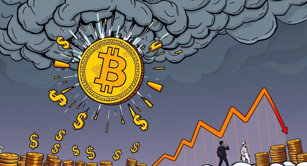 An urgent visual of the BTC price fall, depicting a Bitcoin coin dropping rapidly to signify market volatility and the recent dip.