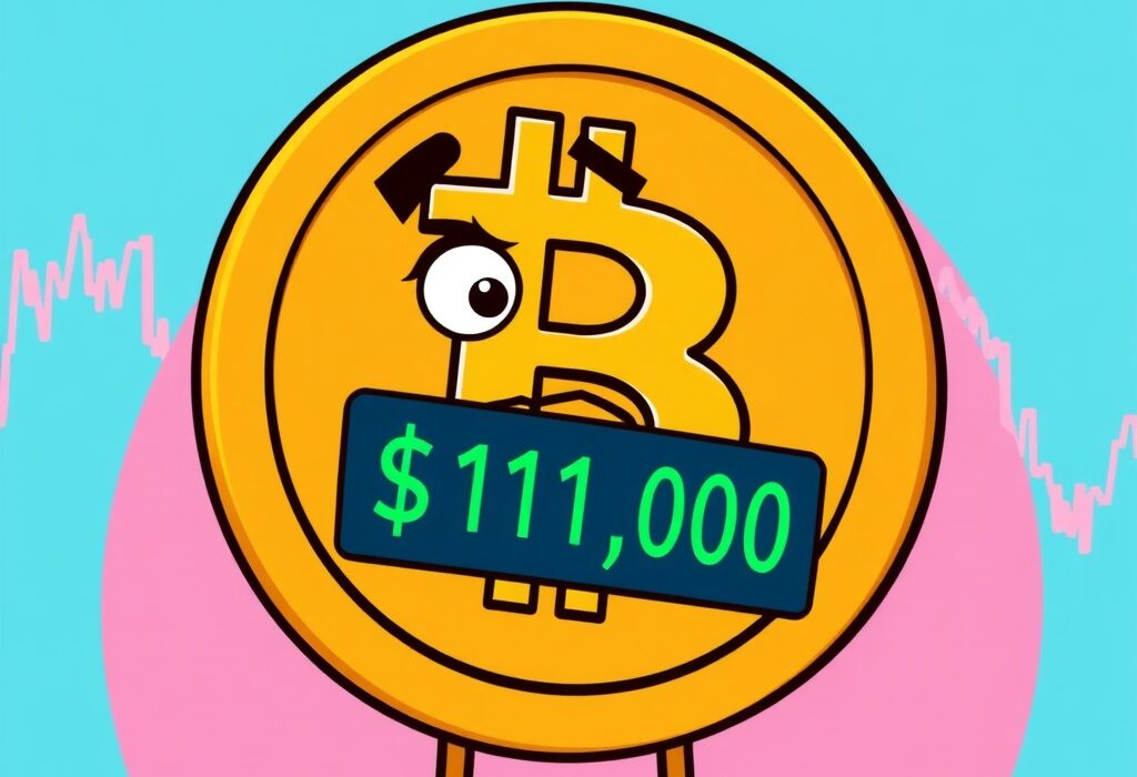 Cartoon Bitcoin coin falling past $111,000, illustrating the recent BTC price drop and market sentiment.