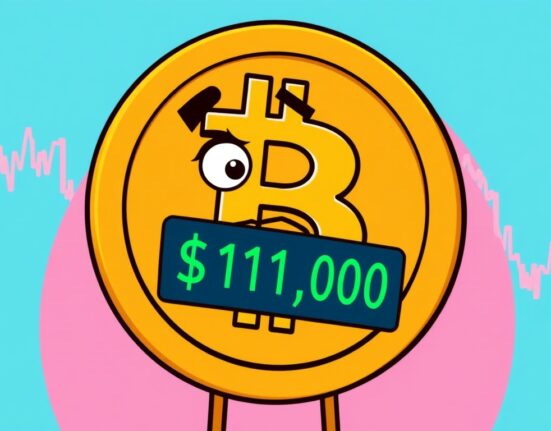 Cartoon Bitcoin coin falling past $111,000, illustrating the recent BTC price drop and market sentiment.