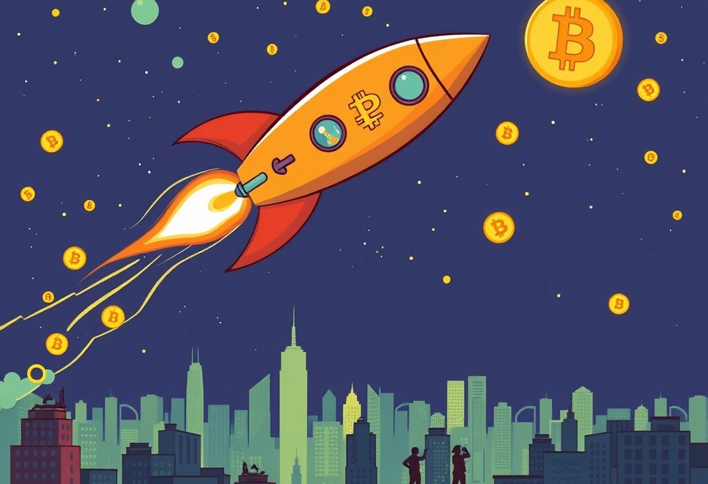 Cartoon illustration depicting a rocket-like BTC price surge, symbolizing Bitcoin's impressive rise above $112,000.