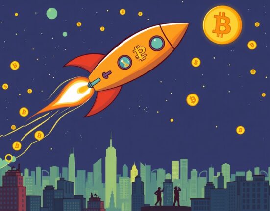 Cartoon illustration depicting a rocket-like BTC price surge, symbolizing Bitcoin's impressive rise above $112,000.