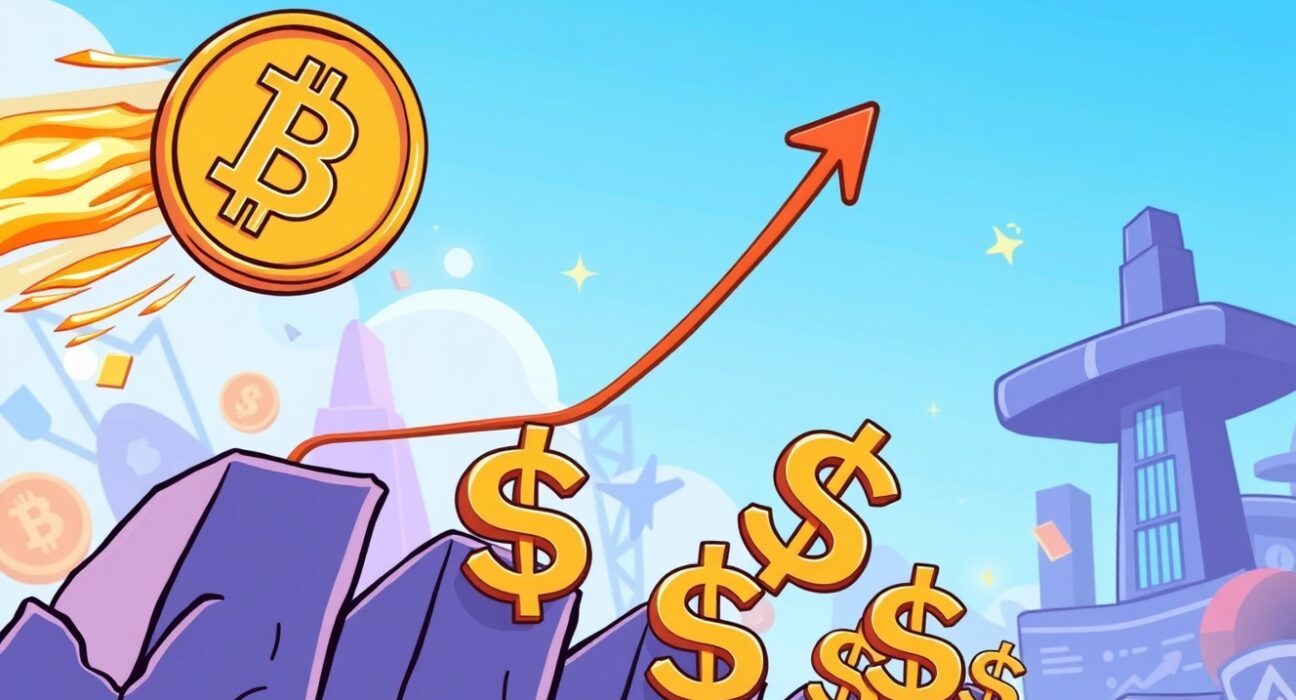 A cartoon Bitcoin soaring above dollar signs, illustrating the incredible BTC price surge in the market.
