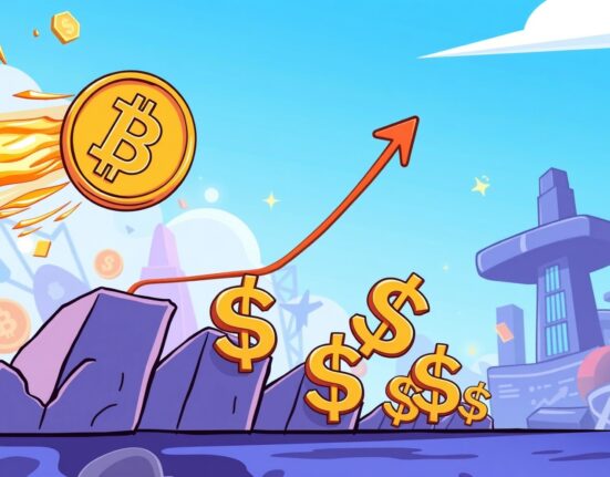 A cartoon Bitcoin soaring above dollar signs, illustrating the incredible BTC price surge in the market.