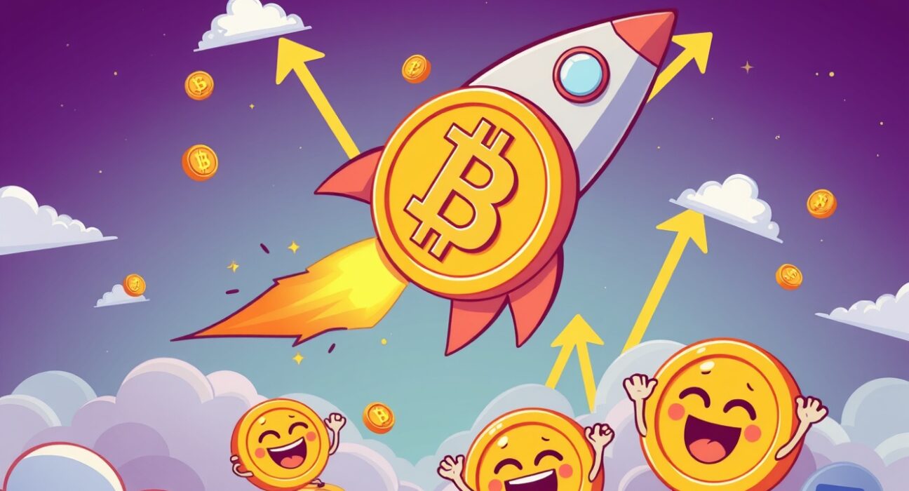 BTC price milestone celebration with rocket Bitcoin coin soaring upward